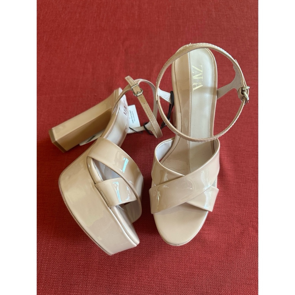 ZARA Nude Patent Crisscross Ankle-Strap Platform Sandals, NWT, 7.5 - Picture 2 of 10